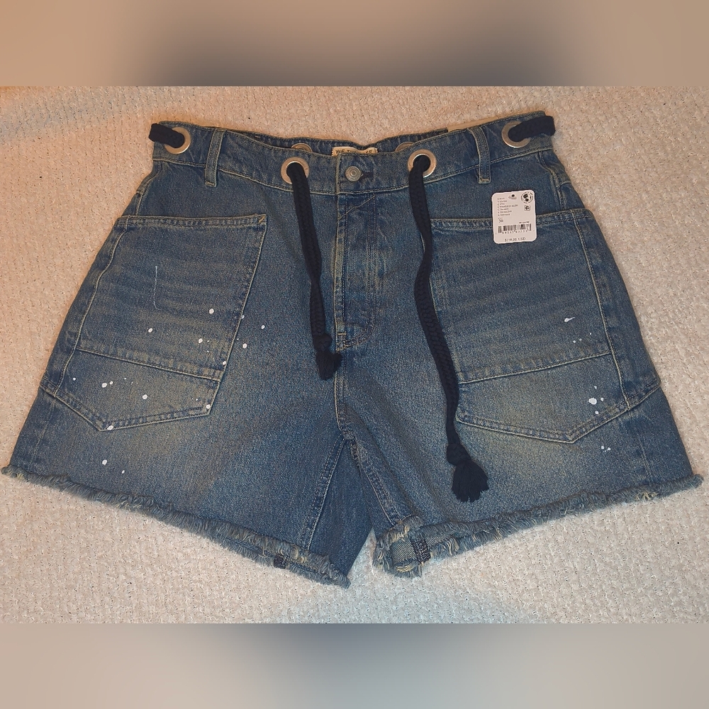 Free People Blue Distressed Denim Jean Shorts with Rope Tie - Picture 8 of 8